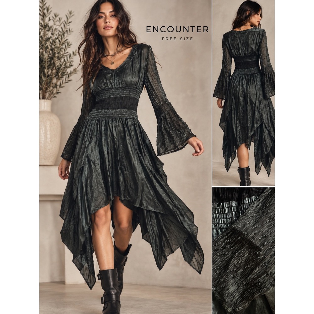 Encounter Black Boho Handkerchief Hem Bell Sleeve Dress Free Size.
